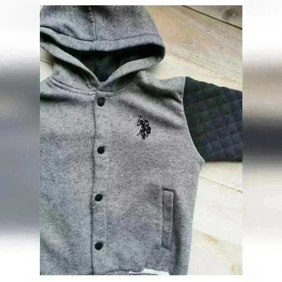 US Polo Assn Graphics Logo Button Up Varsity Jacket Coat Boys Size 7 Gray - Picture 2 of 7